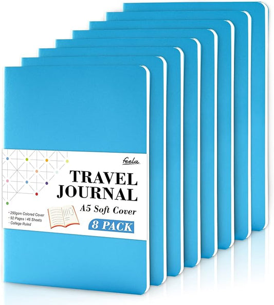 8 Pack Soft Cover Journal Bulk, Feela Notebooks College Ruled for Work, Lined Travel Journal for Women Men, Note Taking Notebook School Supplies Business Writing, 8.2” x 5.5”, A5, Blue