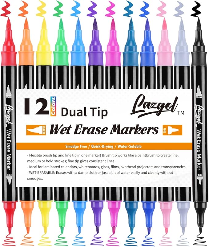 Wet Erase Markers Dual Tip, Lazgol 12 Assorted Colors, Dual Tip Brush & Fine Overhead Transparency Smudge Free Markers for Dry Erase Whiteboard, Refrigerator Calendars, Glass, Films and Any Kind of