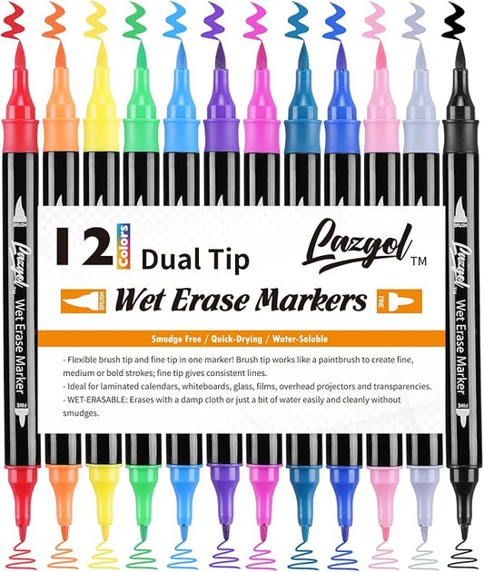 Wet Erase Markers Dual Tip, Lazgol 12 Assorted Colors, Dual Tip Brush & Fine Overhead Transparency Smudge Free Markers for Dry Erase Whiteboard, Refrigerator Calendars, Glass, Films and Any Kind of