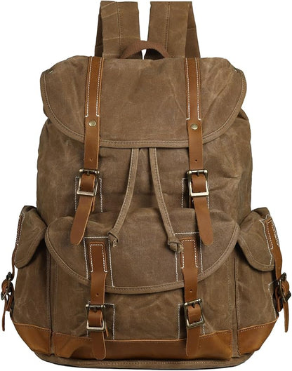 Backpack for Men Heavy Duty Waxed Canvas Vintage Women Trim Casual 15.6" laptop Travel Backpack-Brown
