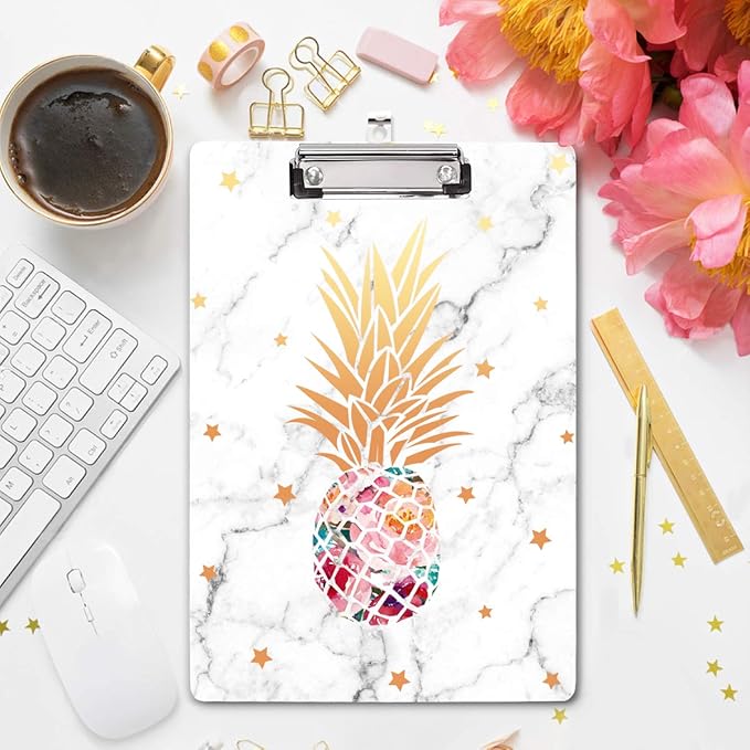 WAVEYU Clipboard, Pineapple Hardboard Office Clipboard, Cute Golden Decorative Clipboard with Low Profile Clip Chic Designed for Students Classroom School and Office Use, Pineapple (12.5"x9")