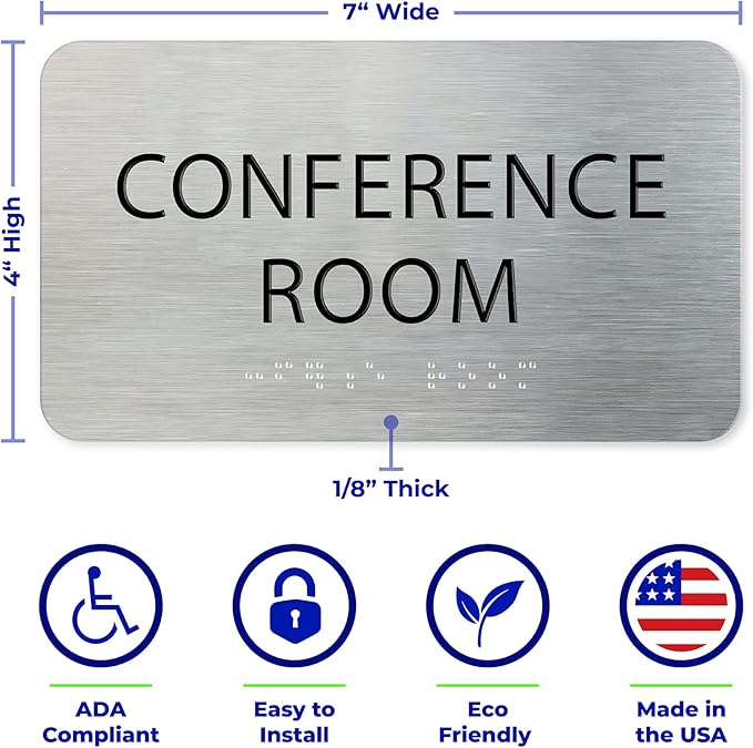 ADA Conference Room Sign for Business - Office Signs, Aluminum Brushed Silver, Tamper-Proof, Heavy Duty Mounting Tape, Easy Install, Office Décor, ADA Compliant, Grade 2 Braille (7”W x 4”H) ADASigns.org