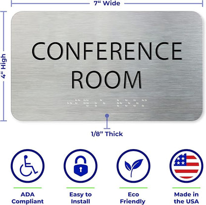 ADA Conference Room Sign for Business - Office Signs, Aluminum Brushed Silver, Tamper-Proof, Heavy Duty Mounting Tape, Easy Install, Office Décor, ADA Compliant, Grade 2 Braille (7”W x 4”H) ADASigns.org