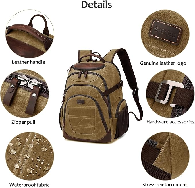 Travel Laptop Backpack 17.3 inch XL Computer Backpack for Men Waxed Canvas College Daypack Business Backpack Brown