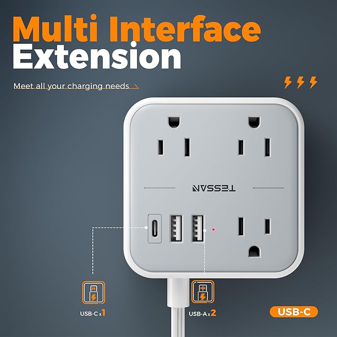 Ultra Thin Flat Extension Cord 5 FT, TESSAN Slim Power Strip with USB Ports (1 USB C), Surge Protector Flat Plug Wall Charger with 3 Outlets for Office, School, Dorm Room Essentials