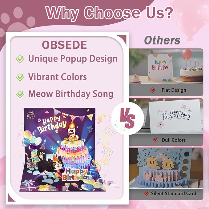 OBSEDE 3D Musical Pop Up Cat Birthday Cards for Women Men Light Blowable LED Candle Happy Funny Cake Colorful Greeting Cute Singing Gifts for Mom Dad Wife Husband Daughter Son Lovers with DIY Numbers