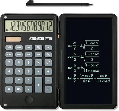 Calculator, 12-Digit Large Display Office Desk Calcultors with Erasable Writing Table, Solar and Battery Dual Power Pocket Desktop Calculator for Basic Financial Home School, Black