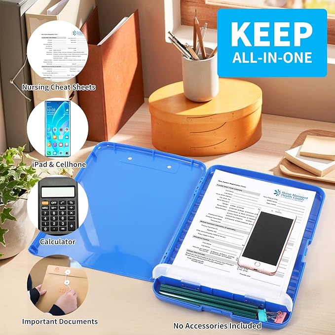 Clipboard with Storage, Large Capacity Nursing Clipboards with Low Profile Clip, Heavy Duty Plastic Storage Clipboard with Pen Holder, Side-Opening, Multifunctional Clipboard Case for Writing