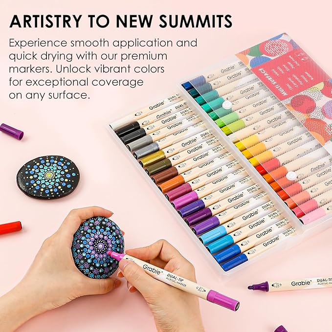 Grabie 36 Colors Dot Paint Acrylic Paint Pens, Acrylic Paint Markers Dual Tip (Fine 1mm + Dot 5mm), Acrylic Markers for Fabric, Canvas, Rock, Glass, Wood, Paper, DIY, Dot Markers for Adults