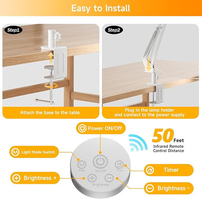 SKYLEO Led Desk Lamp for Home Office - 2400LM Ultra Bright Desk Light -Eye Caring Desk Lamp with Clamp - Adjustable Office Lamp with Remote Control- Easy Installation - 24W White