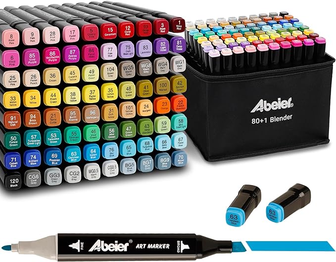 ABEIER 80 Colors Alcohol Based Markers, Dual Tip Drawing Markers Set, plus 1 Colorless Blender Pen, Permanent Sketch Animation Markers for Kids, Plumones, Adults Coloring and Artist Illustration