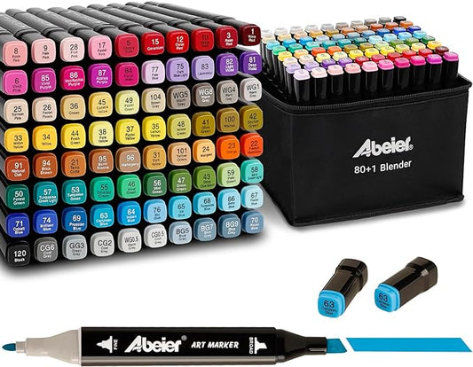 ABEIER 80 Colors Alcohol Based Markers, Dual Tip Drawing Markers Set, plus 1 Colorless Blender Pen, Permanent Sketch Animation Markers for Kids, Plumones, Adults Coloring and Artist Illustration