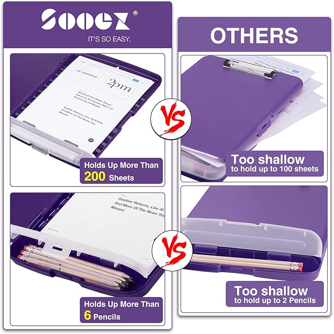 Sooez Clipboard with Storage, High Capacity Nursing Clipboards with Pen Holder, Heavy Duty Plastic Storage Clipboard with Low Profile Clip, Clipboard Folder Side-Opening, Smooth Writing for Office