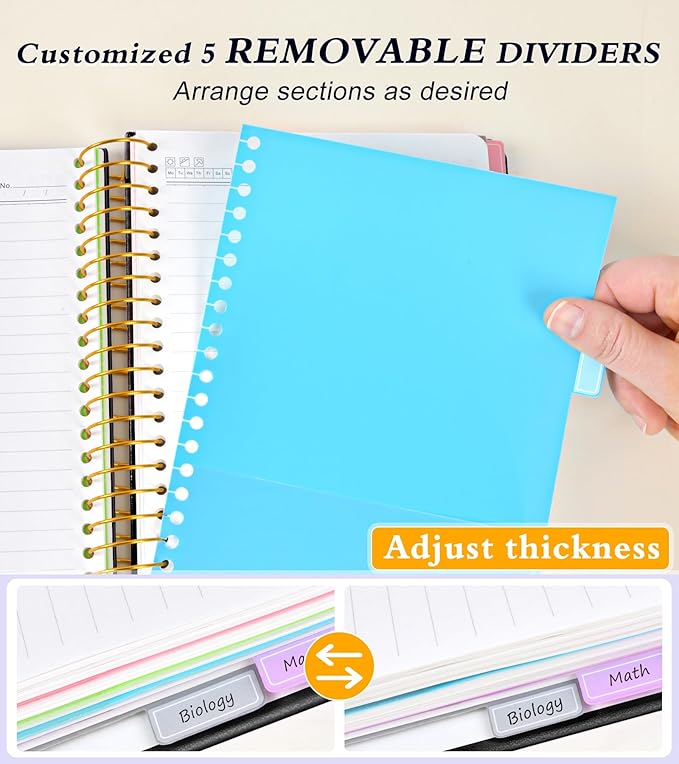 5 Subject Notebook College Ruled, Hardcover Spiral Notebook with Removable Pocket Dividers Tabs, 240 Pages Lined Spiral Journal Notebook for Women, 6x8.5 Notebooks for Work School Note taking A5 Black