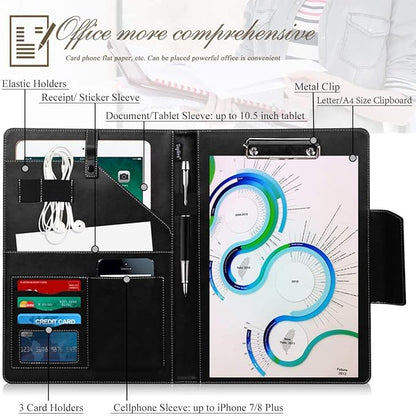 Toplive Portfolio Case Padfolio, Executive Business Document Organizer with Letter Size Clipboard, Business Card Holder, Tablet Sleeve, Perfect for Business School Office Conference, Tree-Black