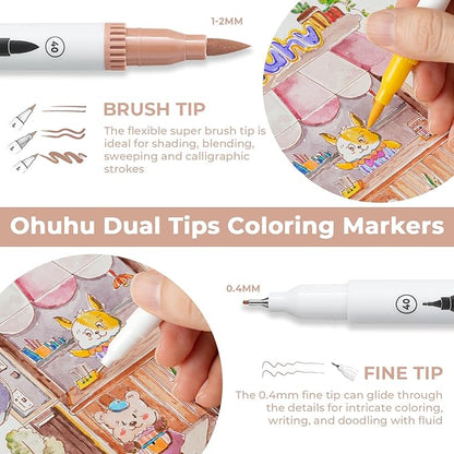 Ohuhu Markers for Adult Coloring Books No Bleeding 120 Colors Coloring Markers Water-based Dual Tips Fineliner & Brush Drawing Pens Art Markers for Kids Adults Sketch Journal - Maui - White