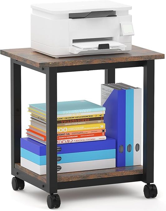Under Desk Printer Stand, 2-Tier 19.5''x 16''x 22'' Rolling Printer Stand Storage Shelves for Printer, Scanner, Fax Machine, Files, Books with Anti-Skid Feet for Home, Office, Brown