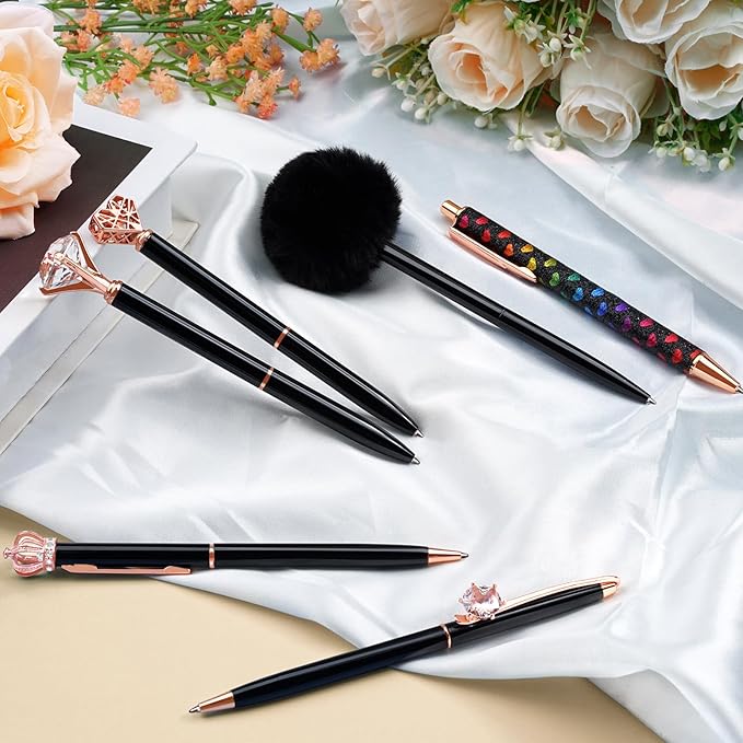 WEMATE 8Pcs Ballpoint Pens Set Metal Crystal Diamond Pen Glitter Pen for Journaling Black Pen Bling in Black & Blue Ink Pretty Cute Pens Fancy Pens Gifts for Women Wedding School Office Desk(Black)