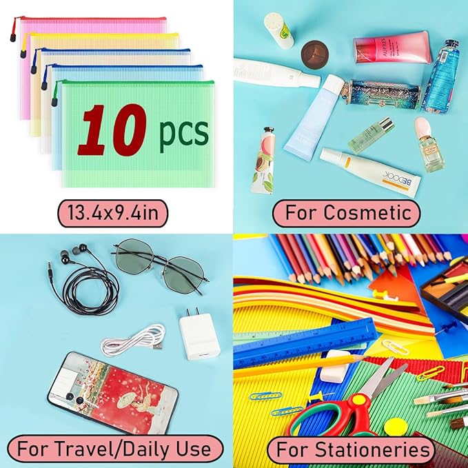 AUSTARK 10 Pcs Zipper File Bags, Waterproof Plastic Mesh Pouch for Office School, Board Game Storage Bags (A4 Size 13.4''x9.4'', Multicolored)