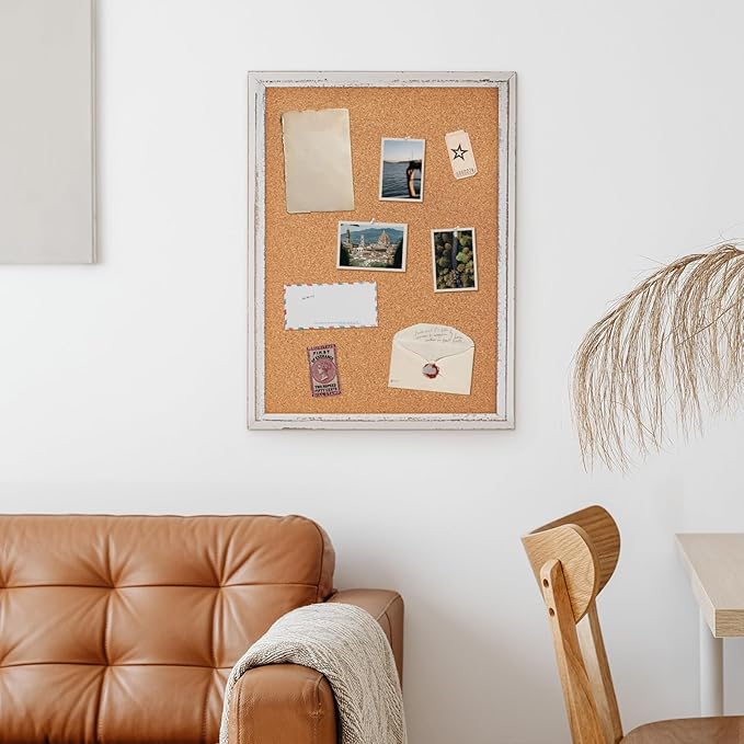DOLLAR BOSS White Cork Board - 24 X 18 Inches, Rustic Wooden Frame, Decorative Hanging Pin Board for Office & Home Decor