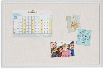 U Brands Farmhouse Linen Bulletin Board, 30"x20", White Wood Style Frame, Includes Push Pins