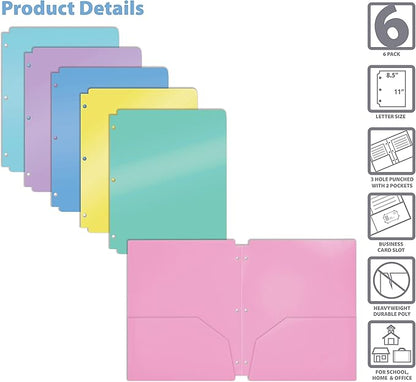 Better Office Products 3 Hole Punch Pocket Folders, Bulk Pack, Sturdy Plastic 2 Pocket Folders, Assorted Pastel Colors, Letter Size, with Business Card Slot,(6 Pack)