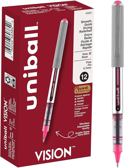 Uni-Ball 60384 uni-ball Vision Rollerball Pens, Fine Point (0.7mm), Pink, 12 Count