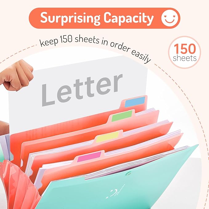 Forvencer Accordion File Organizer, Letter Size, 5 Pocket Expanding File Folder, Cute File Folder with Labels, Portable File Organizer for School Office Supplies, Folders for Documents, Sakura Pink