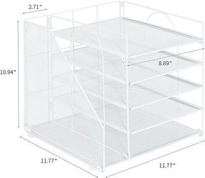 Desk Organizers and Accessories, 5-Tier Paper Letter Tray Organizer with File Holder, Desktop Organizer for Office Supplies, Office Desk Accessories & Workspace (White)
