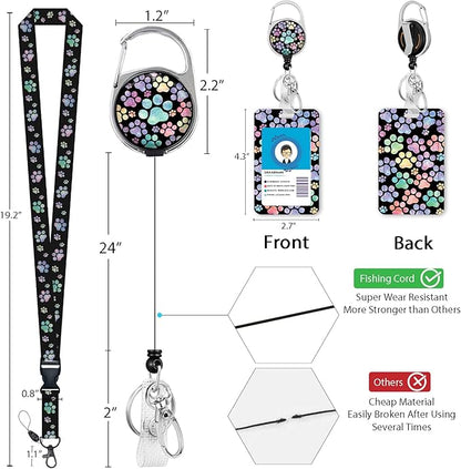 Puppy Dog Paw Lanyards for Id Badges, Cute Retractable ID Badge Holder with Detachable Lanyard, Fashionable Badge Reel Heavy Duty with 360 Degrees Rotate Carabiner Clip, Nurse Teacher Office Gifts