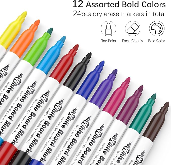 SFAIH Low Odor Dry Erase Markers Fine Tip - Whiteboard Markers 12 Pack 12 Assorted Color, Fine Tip Dry Erase Markers For Kids Adults, Color Markers for Classroom