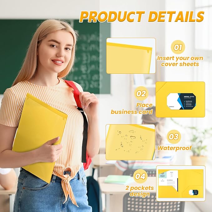Henoyso 36 Pcs Plastic Folders with Clear Front Pockets Heavy Duty File Folders with 2 Pockets and Card Slot for Student Communication School Office Presentation Report (Yellow)