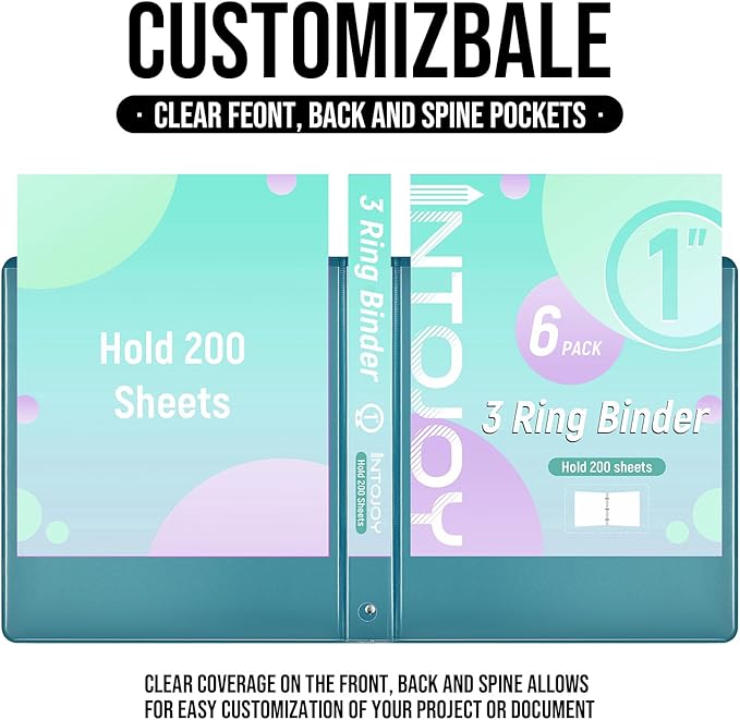 3 Ring Binder 1 Inch, IntoJoy 6 Pack Clear View 3 Hole Binder PVC-Free Fits 8.5x11 Inch Paper Flexible Round Ring Binders for School Office Home Binder Supplies (Green)