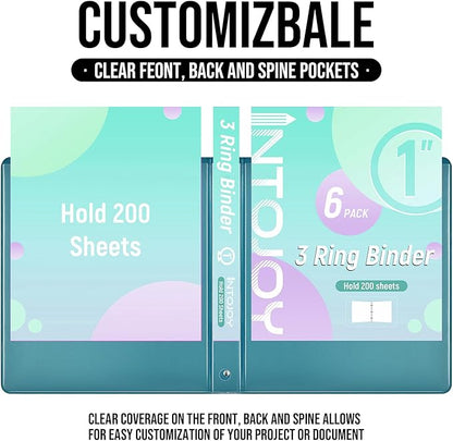 3 Ring Binder 1 Inch, IntoJoy 6 Pack Clear View 3 Hole Binder PVC-Free Fits 8.5x11 Inch Paper Flexible Round Ring Binders for School Office Home Binder Supplies (Green)