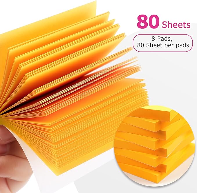 Sticky Notes 3x3 Self-Stick Notes Bright Colors Sticky Notes 8 Pads 80 Sheet/Pad (Orange)