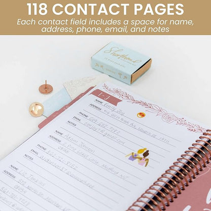 bloom daily planners Hardcover Contacts Address & Password Book - Alphabetical Organizer with Tabs - 6" x 8.25" - Navy Embroidery