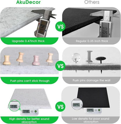 Large Cork Board for Office Wall Decor,48"x36"-12 Pack Felt Wall Tiles with 35 Push Pins, Thicker 0.47in, Felt Bulletin Board Pin Board Cork Boards for Walls - Light Grey