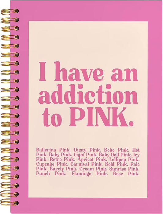 BearCake Preppy Pink Notebook, Pink Journal, Pink Office Supplies, Pink Aesthetic Notebooks, I Have an Addiction to Pink Hardcover Spiral Notebook 5.5x8.3, Pink Desk Accessories for Women Office