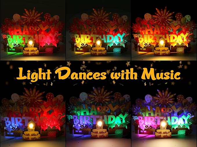 Birthday Card | Musical Pop Up Greeting Card w Light | Blow Out LED Light Candle & Play Happy Birthday Music Pop Up Card | Greeting Cards Gifts for Him or Her | Red Gold (Blowable Candle)