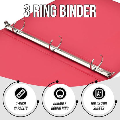 3 Ring Binder 1 Inch, IntoJoy 6 Pack Clear View 3 Hole Binder PVC-Free Fits 8.5x11 Inch Paper Flexible Round Ring Binders for School Office Home Binder Supplies (Red)
