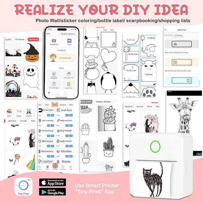 Mini Thermal Printer, Portable Mini Printer with 10 Rolls Paper, Sticker Printer Machine, Study Printer for Notes, Photos, Journals, DIY, Mini Pocket Printer Compatible with Android & iOS