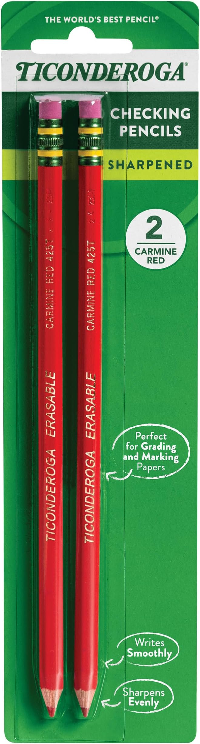 TICONDEROGA Erasable Checking Pencils, Pre-Sharpened with Eraser, Red, Pack of 2 (13901)