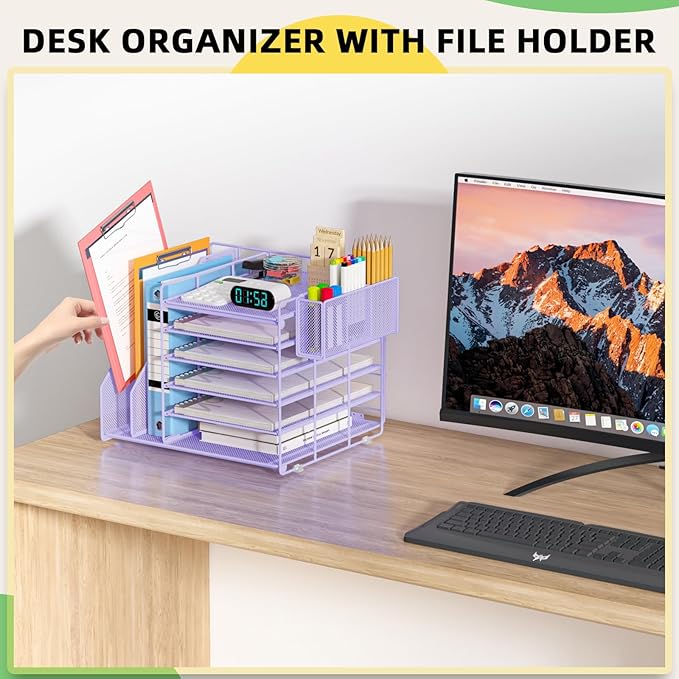 File Organizer for Desk 6 Tier Paper Organizer Letter Tray with File Holder Pen Holder, Mesh Office Desk Accessories & Workspace Organizers (Purple)