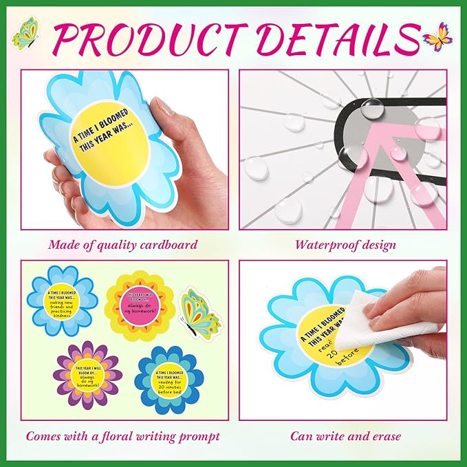 Kosiz Spring Bicycle Bulletin Board Decorations Set Flower Butterfly Bike Paper Cutouts Watch Us Blossom Bloom Classroom Decorations with Green Borders for School Chalkboard Wall Door Home