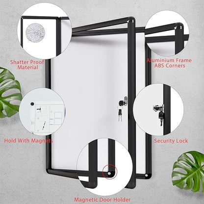 SWANCROWN Enclosed Notice Board Magnetic Bulletin Boards for Office with Locking Door,Black Frame, 26x20inch(4XA4