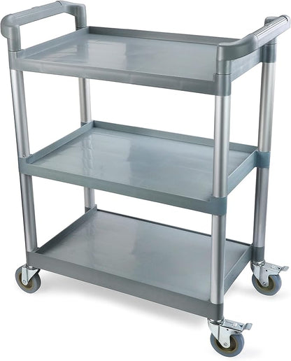 New Star Foodservice 54545 250-Pound Plastic 3-Tier Utility Bus Cart with Locking Casters, 32" x 16" x 38", Gray