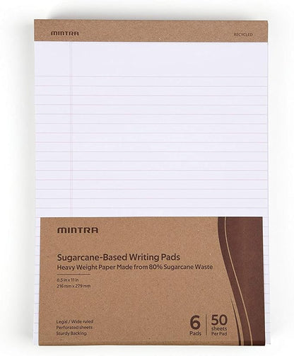Mintra Office Recycled Writing Pads 6pk (White, Wide Ruled (8.5in x 11in)) - 50 Sheets per Notepad, Micro perforated, Legal Pad, Notebook Paper for School, College, Office, Business