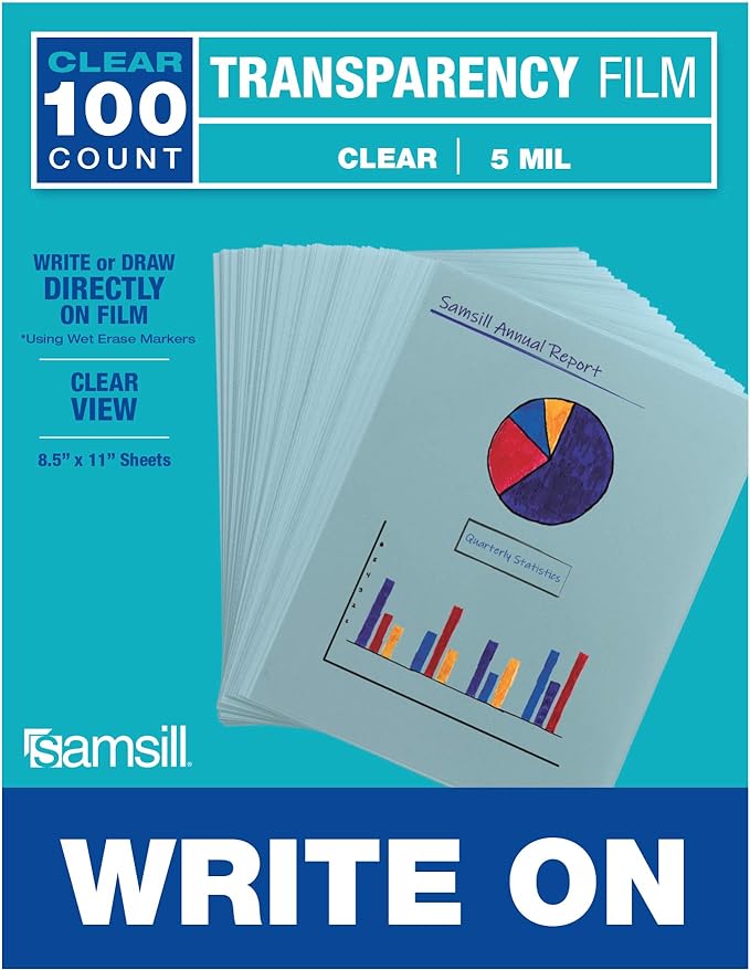 Samsill 100 Pack 8.5" x 11" Clear Write On Transparency Film, 5 mil, for Use with Dry Erase Markers only, Not for Use in Printer, Acetate Sheets
