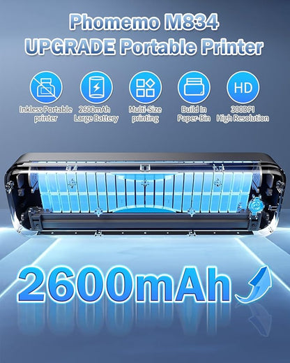 Phomemo M834 Ultra Portable Printer Wireless for Travel, Bluetooth Thermal Printer 8.5" x 11"&A4, Compatible with iOS,Android & PC,Inkless Mobile Printer for Travel,Office,School,Home,Black