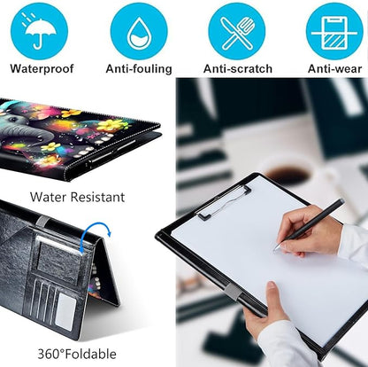 PU Leather Padfolio Folder Clipboard Portfolios Organizer Conference Document Organizer with Business Card Holder Storage Clipboard Writing Pad,Elephant with Flowers